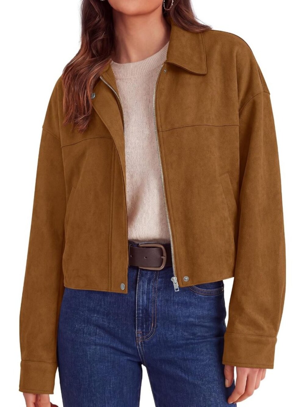 Chic Women's Faux Suede Cropped Jacket for Fall, Stylish Layering Essential